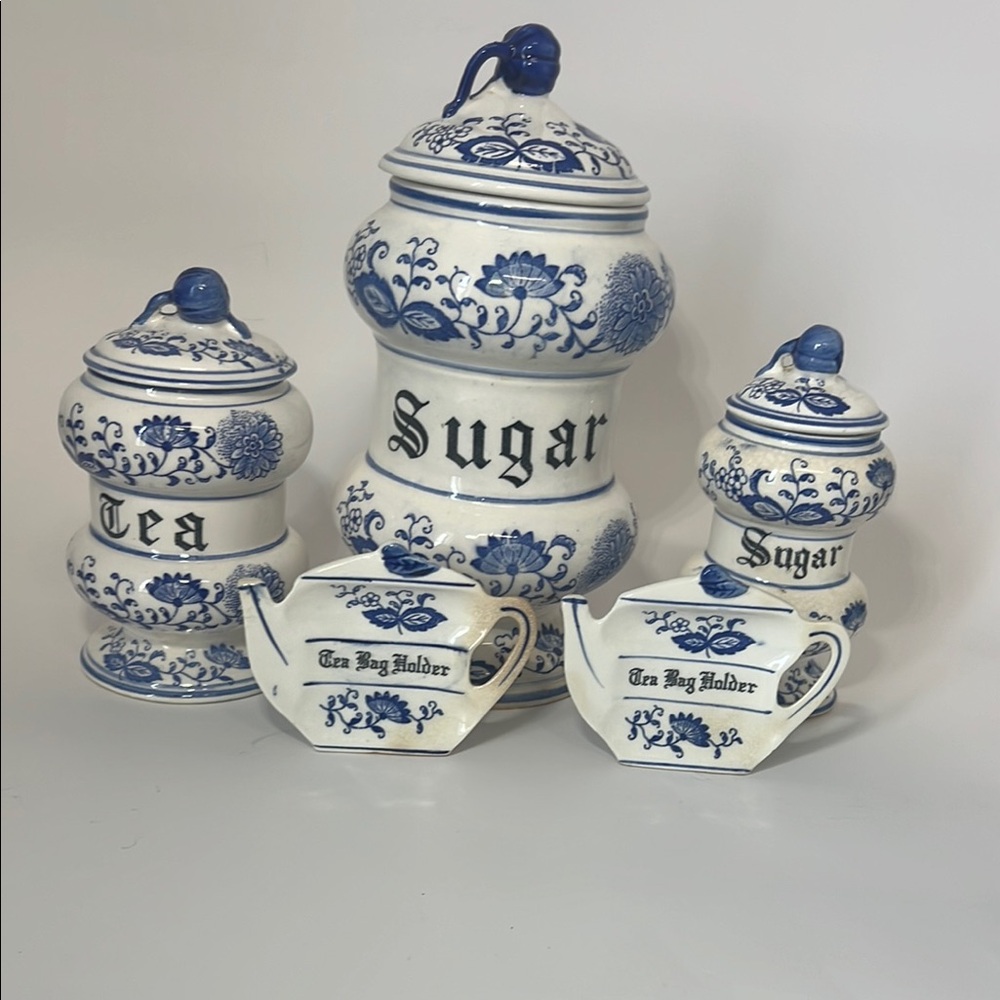 Vintage Blue Onion and Suar and Tea Ceramic Canister Set w/ bonus tea bag holder